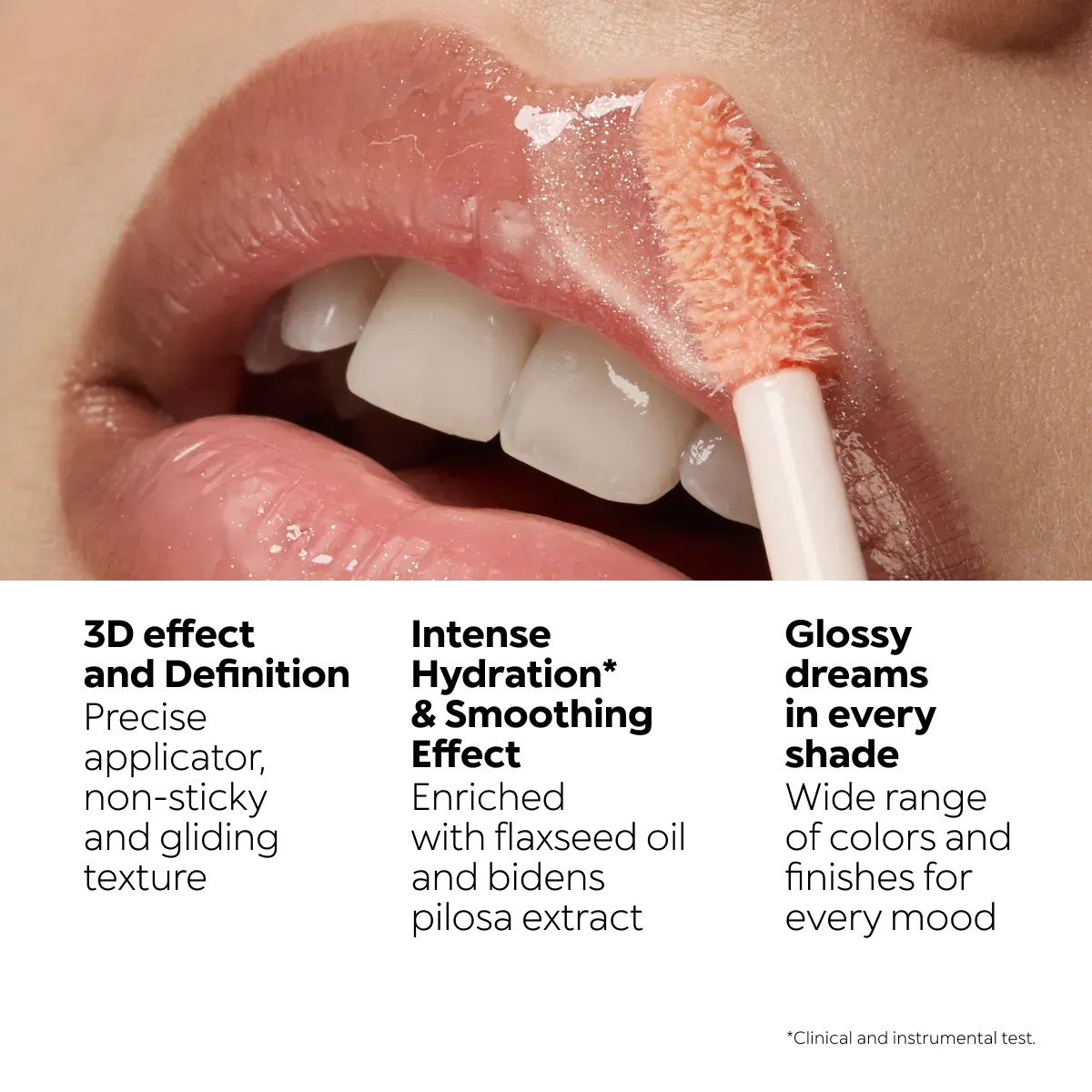 نحوه استفاده از اپلیکاتور لیپ گلاس شاین دار KIKO 3D Hydra رنگ Soft Coral روی لب پایین