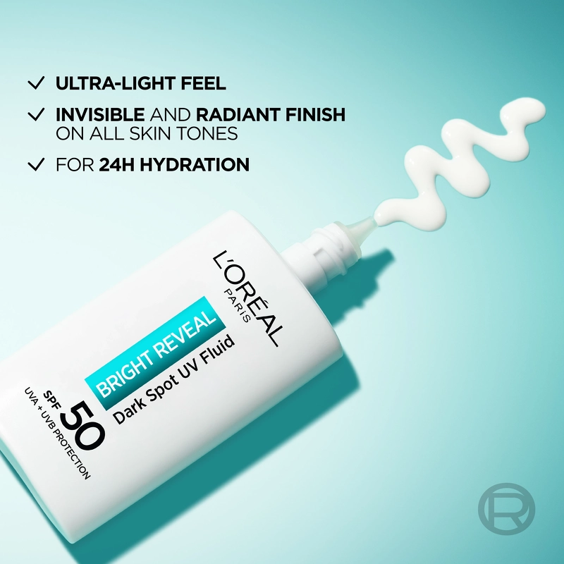 کرم ضدآفتاب فلوئیدی لورال مدل Bright reveal با خاصیت ضد لک و spf 50 حجم 50 میل