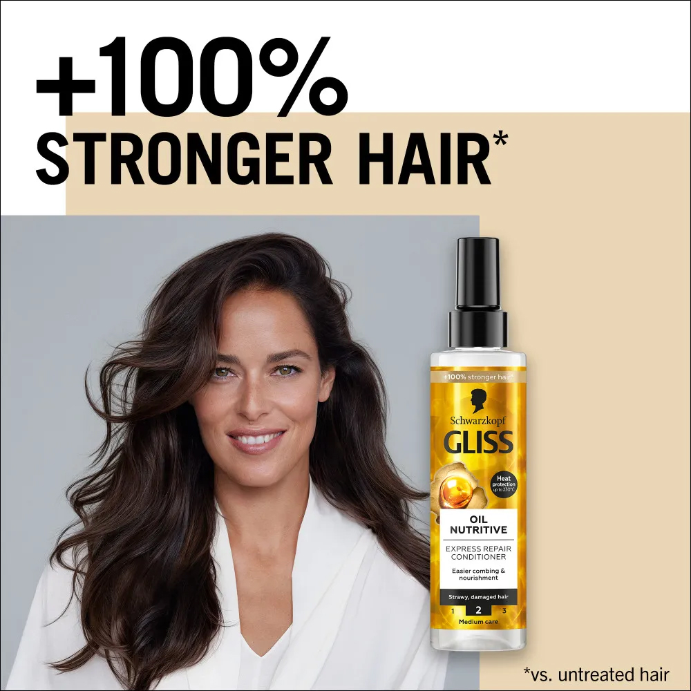 اسپری دو فاز گلیس مدل OIL NUTRITIVE حجم 200 میل GLISS OIL NUTRITIVE HAIR SPRAY اسپری دوفاز طلایی گلیس GLISS مدل Oil Nutritive حجم 200 میلی لیتر